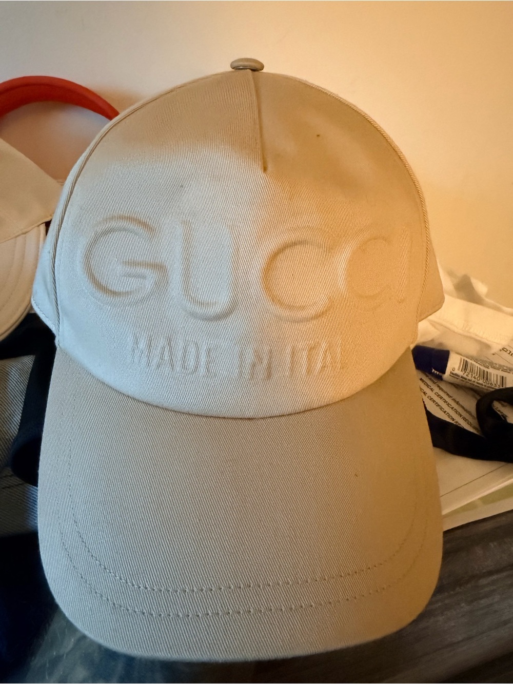 Gucci Beige Embossed Logo Baseball Cap - Made in Italy